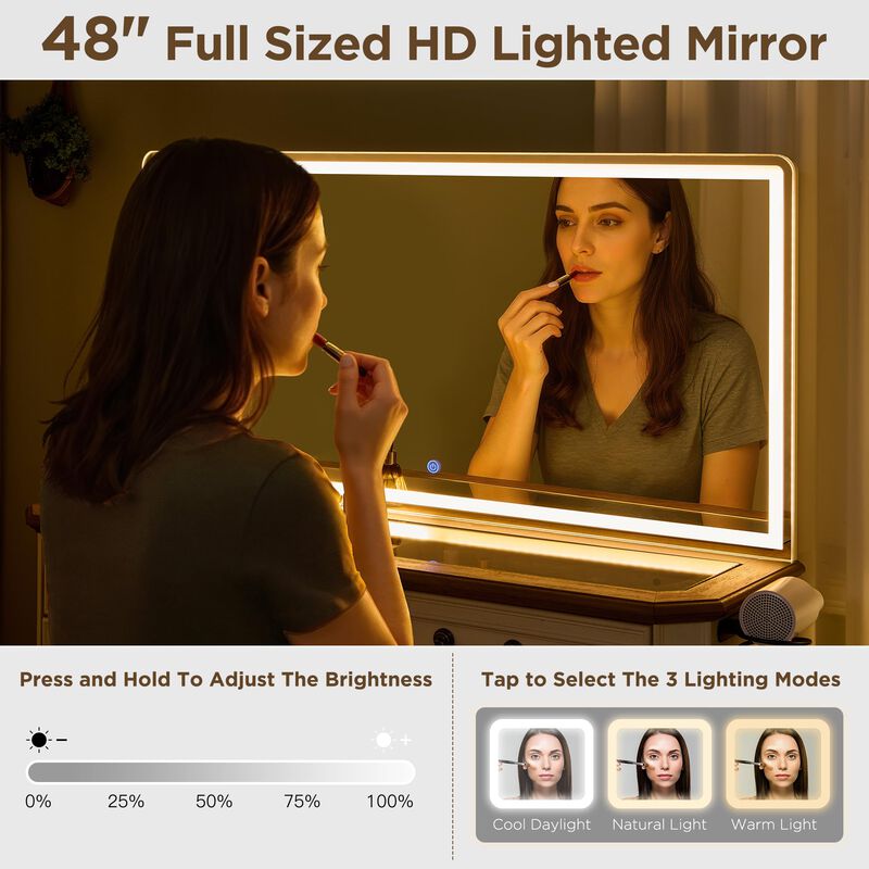 48" LED Vanity Desk with Mirror, 3-Light Modes, 8 Drawers, Glass Top, USB Charging image number 2