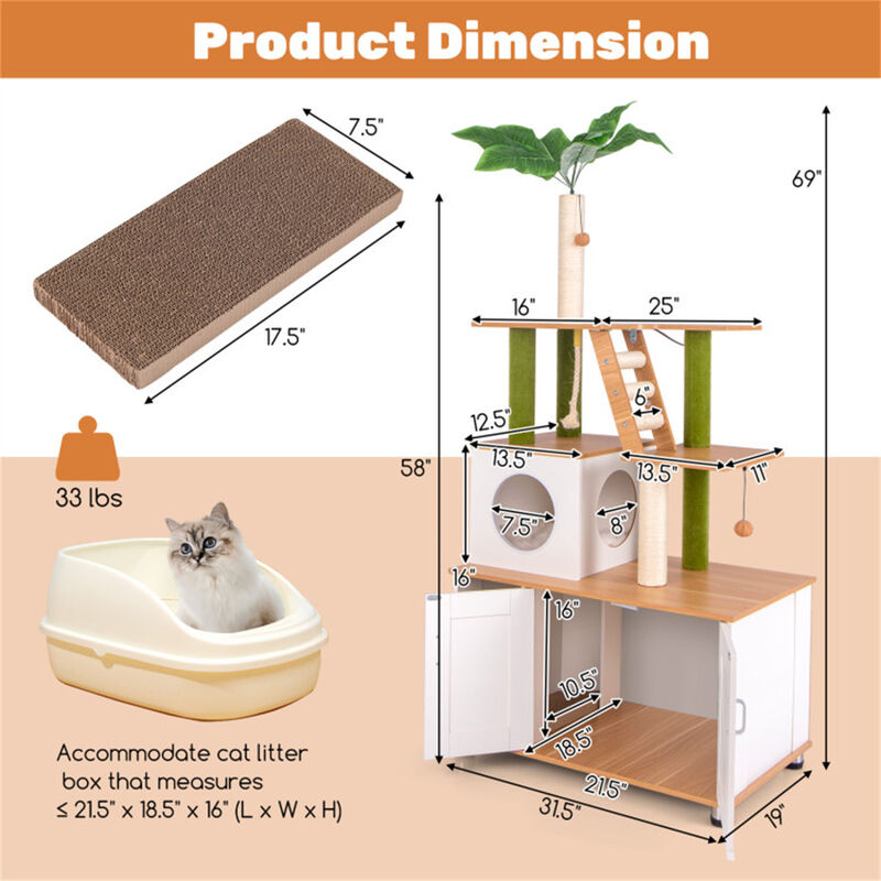 Multi-Level Cat Tree Tower with Scratching Posts, Perches, and Storage Cabinet for Cats