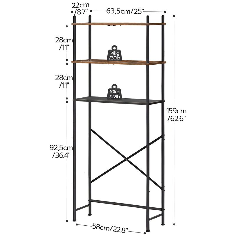 Bathroom 3-Tier Toilet Storage Shelf with Adjustable Feet-Brown image number 2