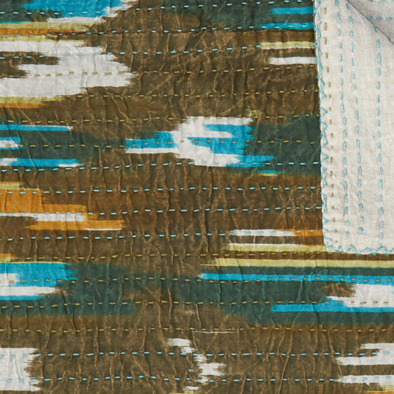 HomeRoots 50" X 70" Brown And Blue Ikat Cotton Quilted Kantha Throw Blanket with Embroidery image number 3