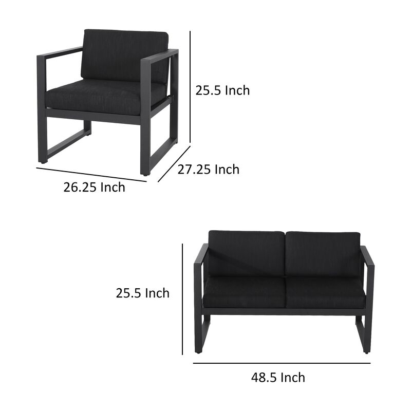 Novi 3pc Outdoor Set, 1 Loveseat, 2 Accent Chairs, Dark Gray Fabric, Metal