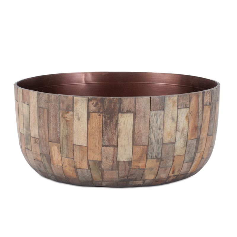 Set of 2 Round Wooden Bowl Planters for Indoor or Outdoor Plant Display.