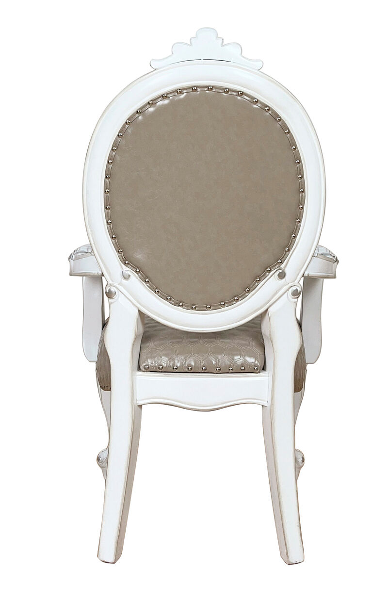 HomeRoots Set of Two Gray and White Upholstered Faux Leather And Solid Wood King Louis Back Dining Arm Chairs