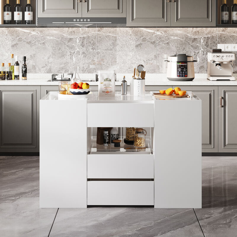 FUFU&GAGA White 14-Drawer Kitchen Island with Wooden Shelf, P2 MDF Construction, and Tempered Glass, (47.2"W x 23.6"D x 31.5"H), White