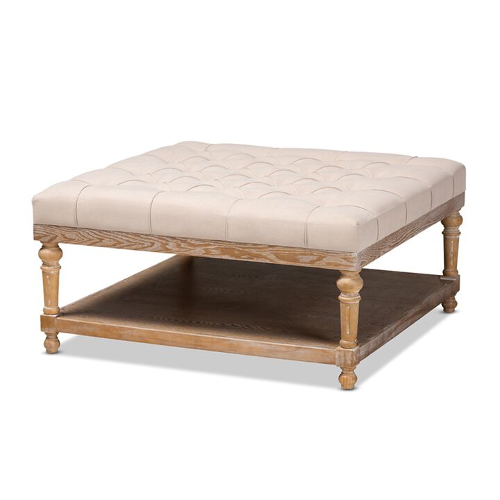 Baxton Studio Kelly Modern and Rustic Beige Linen Fabric Upholstered and Greywashed Wood Cocktail Ottoman