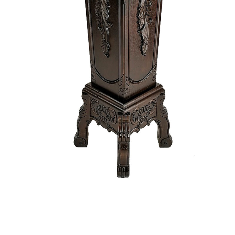 Elegantly Engraved Wooden Frame Pedestal Stand, Dark Brown - Benzara