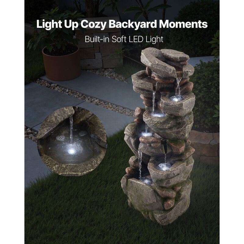 7-Tier Outdoor Water Fountain with LED Light, Rock Cascading Design for Garden Patio image number 3