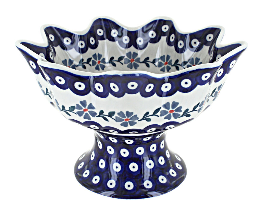 Blue Rose Polish Pottery Blue Violet Pedestal Fruit Bowl