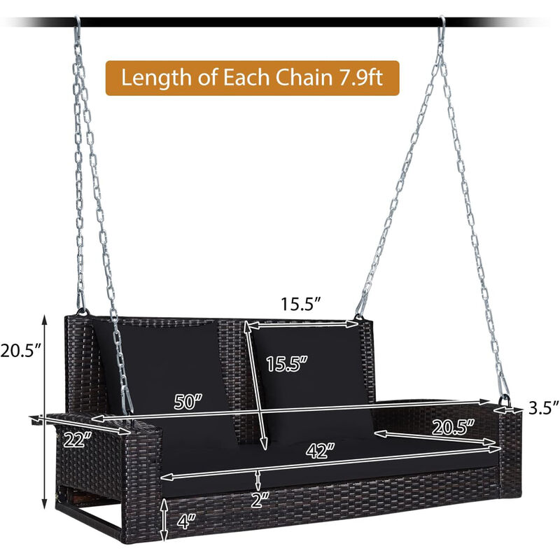 Mondawe 2-Person Wicker Hanging Porch Swing with 2 Back Cushions and 1 Seat Cushion