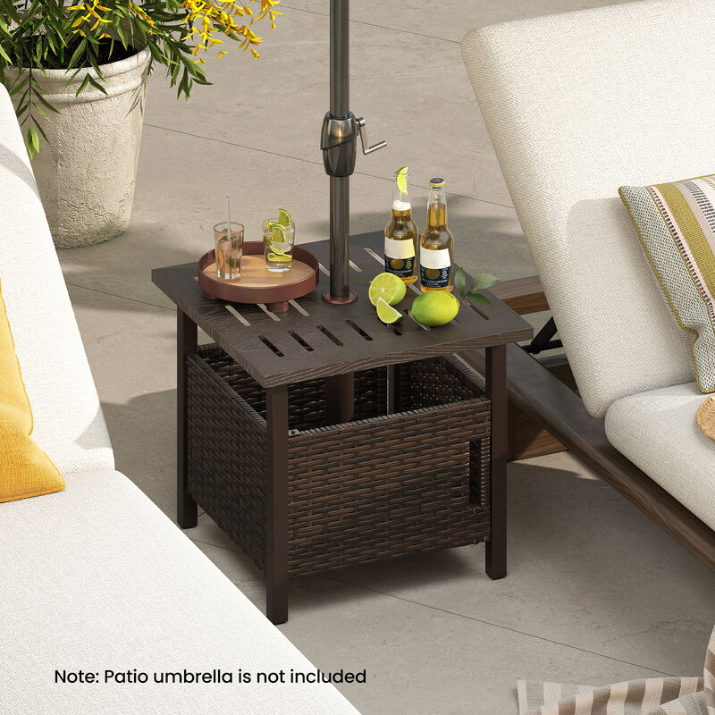 All-Weather PE Wicker Outdoor Side Table with Umbrella Hole for Patio-Mix Brown image number 8