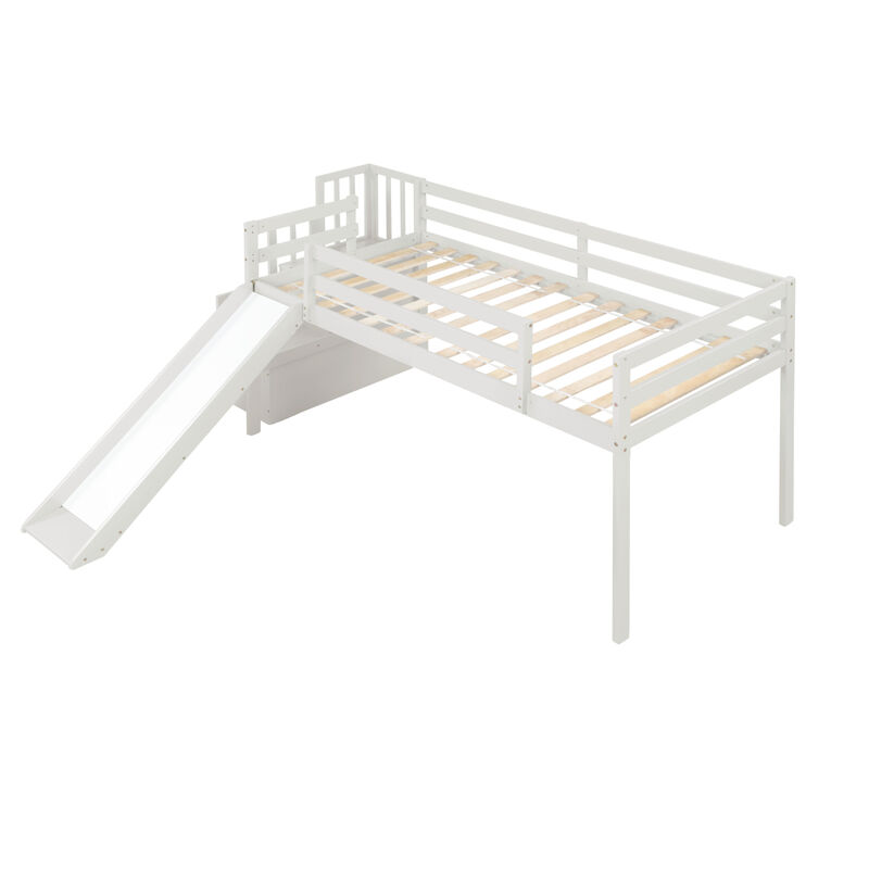Loft Bed with Staircase, Storage, Slide, Twin size, Full-length Safety Guardrails, No Box Spring Needed, White n