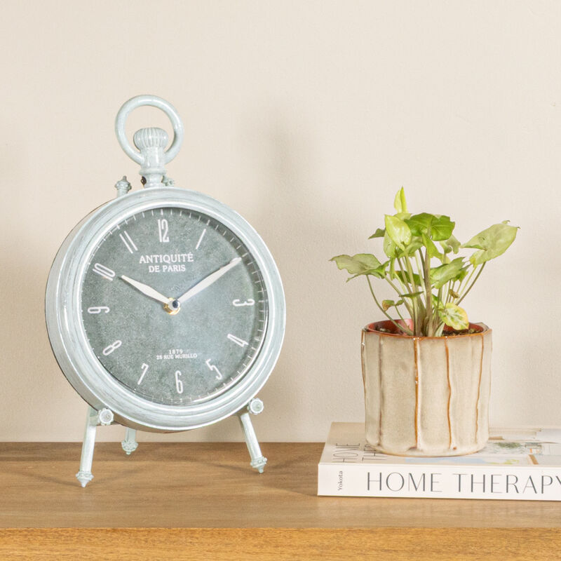 Antique Reproduction Pewter Mantel Clock in Soft Blue Finish image number 1