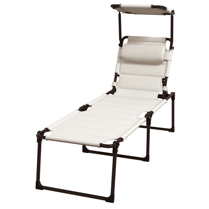 Outsunny Outdoor Lounge Chair, 4 Position Adjustable Backrest Folding Chaise Lounge, Cushioned Tanning Chair w/ Sunshade Roof & Pillow Headrest for Beach, Camping, Hiking, Backyard, Cream White