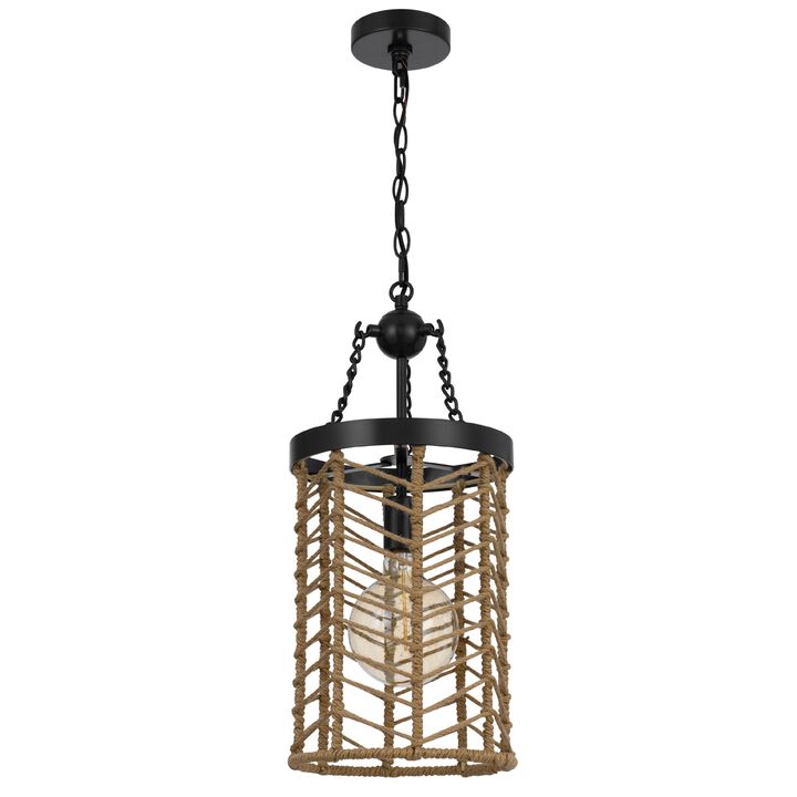 Pendant Light, Cylindric Caged Body with Braided Burlap Rope, Black Metal