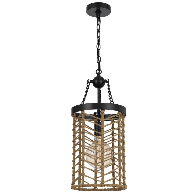 Pendant Light, Cylindric Caged Body with Braided Burlap Rope, Black Metal image number 0