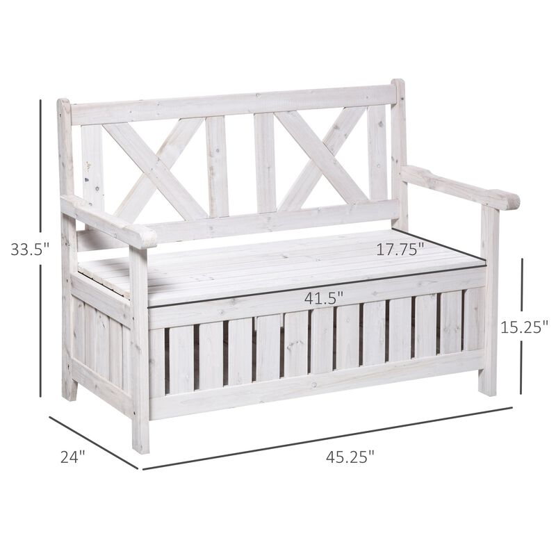 Outdoor Garden Storage Bench 2 Seater Deck Storage Bench With Beautiful Design, Louvered Side Panels & Solid Wood Build, White