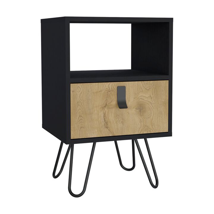 Huna Nightstand, Stylish Storage with Hairpin Leg, Open Shelf and Drawer-Black / Macadamia