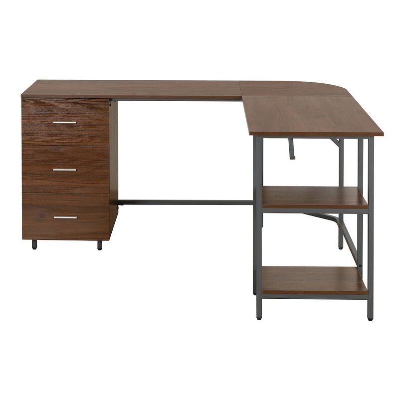 Techni Mobili L-Shape Home Office Two Tone Desk with Storage, Walnut