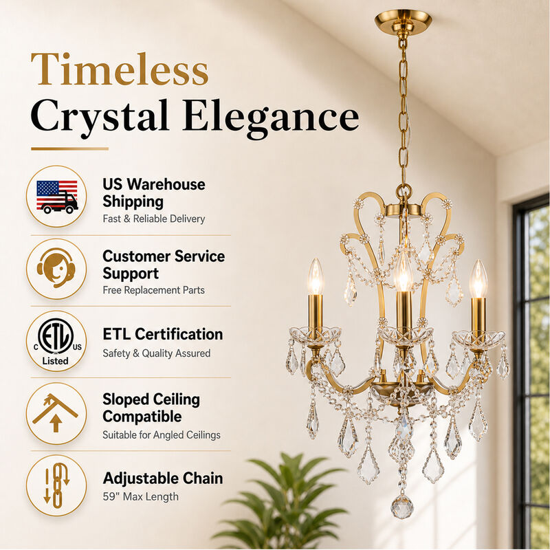 Crystal Chandelier with Brass Finish, Modern Glam 3-Light Ceiling Fixture image number 3