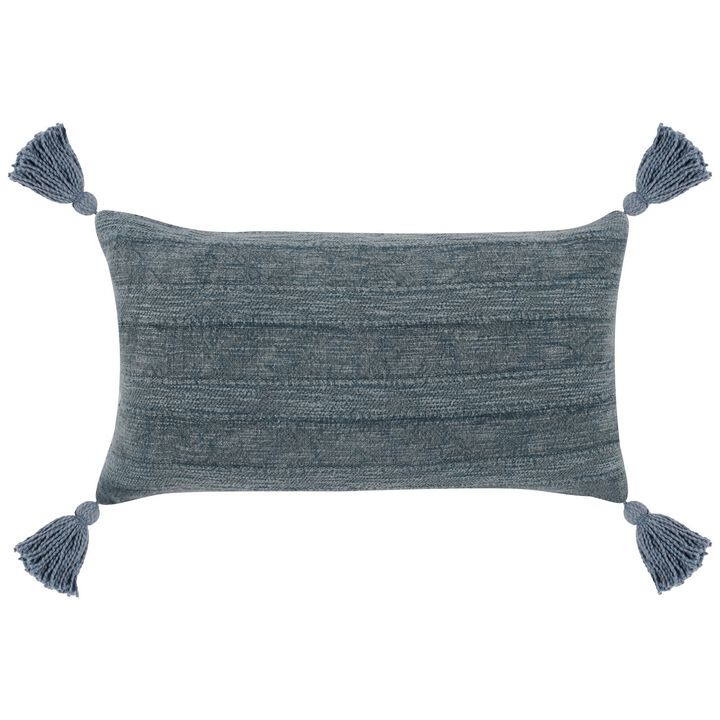 14 x 26 Lumbar Throw Pillow, Handwoven Stripes, Cotton Linen, Tassels, Blue-Benzara