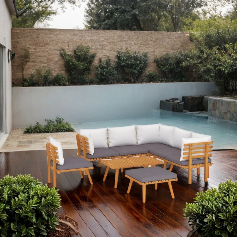 Roma 8pc Outdoor Modular Sofa Set, Table, White Cushions, Acacia Wood - Benzara