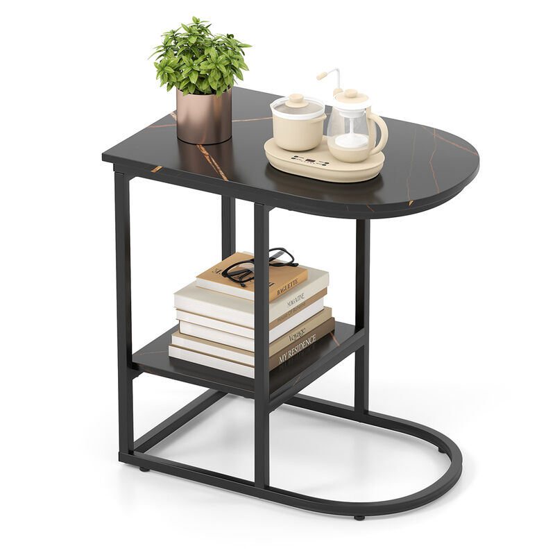 Space-Saving C-Shaped Sofa Side Table with Faux Marble and Storage Shelf
