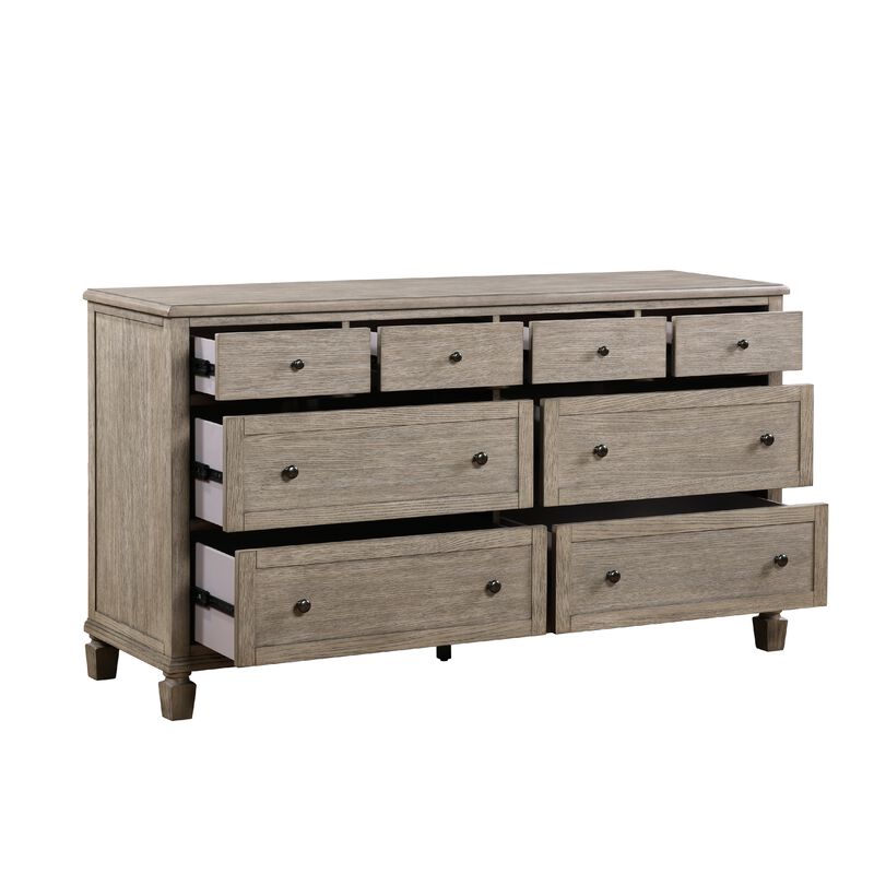 Cely Dresser, 66 Inch, 8 Drawers, Gray Oak Veneer, Nickel Tone Knobs - Benzara