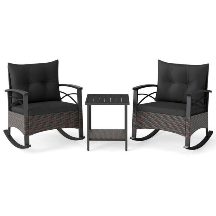 PE Rattan Rocking Bistro Set 3 Piece with Acacia Wood Top Table