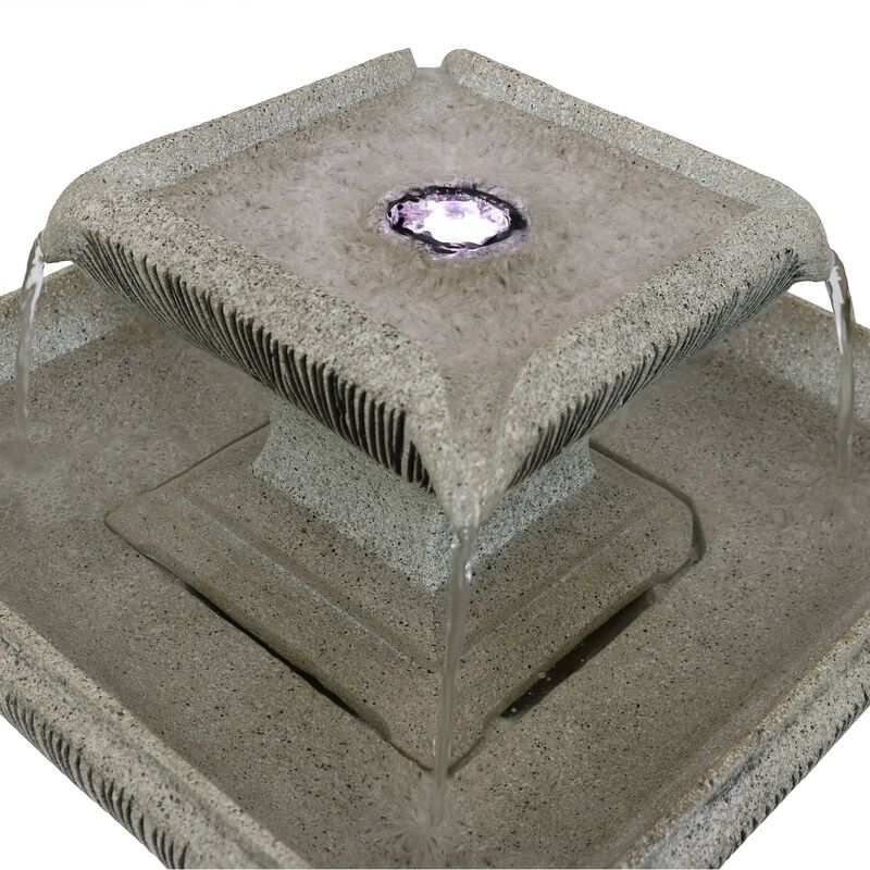 Sunnydaze Square Resin Outdoor 2-Tier Bird Bath Water Fountain with Lights