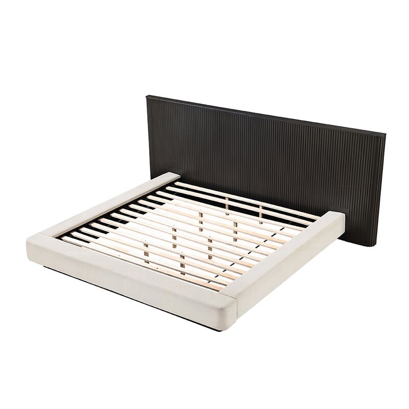 Jeh King Low Platform Bed, Fluted Headboard, Beige Linen, Espresso Brown image number 5