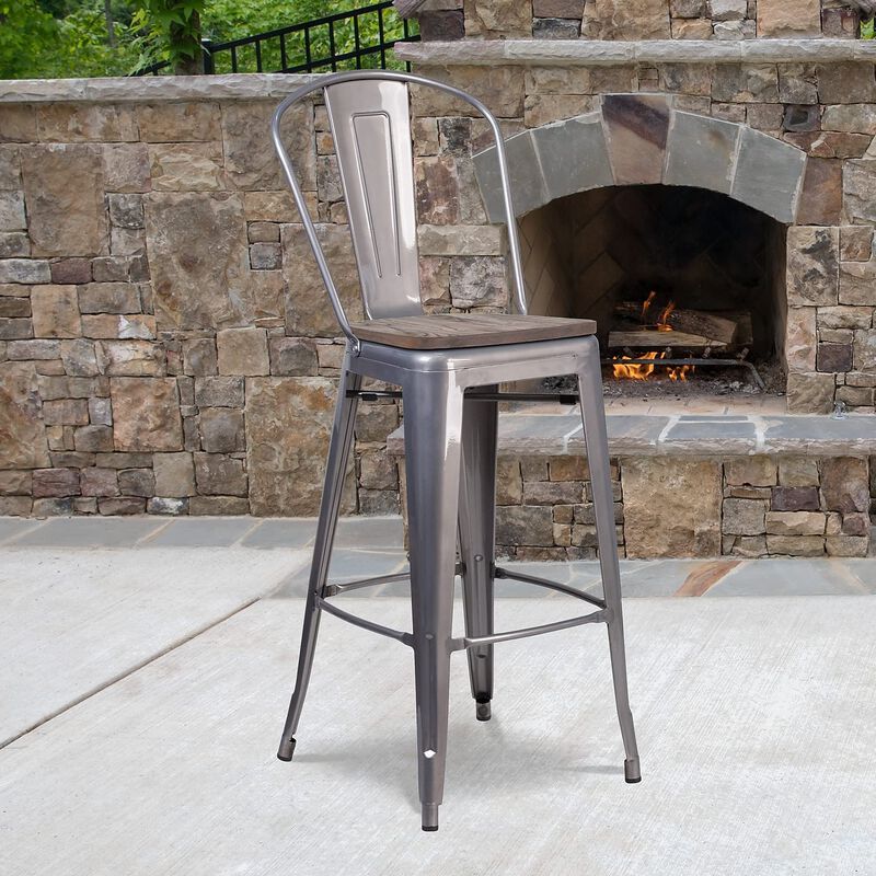 Flash Furniture Lily 30" High White Metal Barstool with Back and Wood Seat image number 1