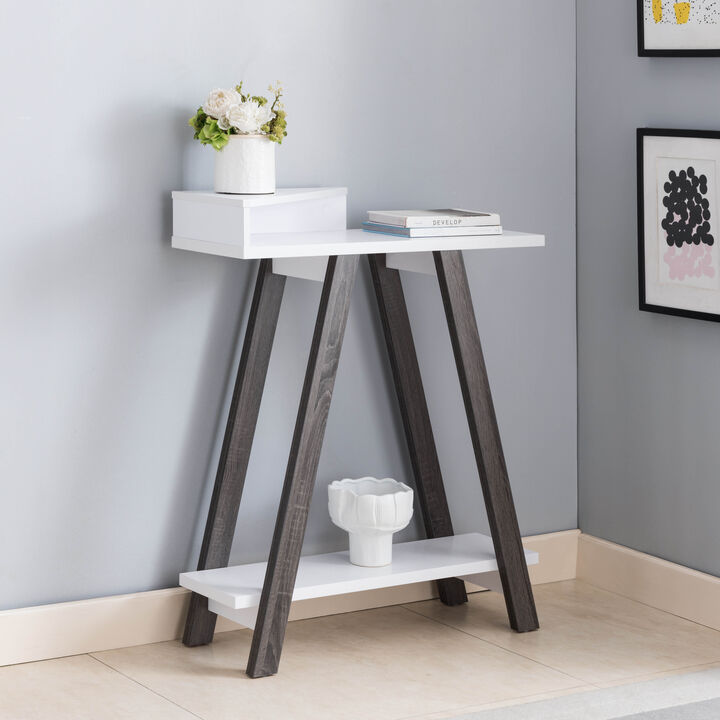 White & Distressed Grey A-Shape Leg Console Table with Bottom Shlef