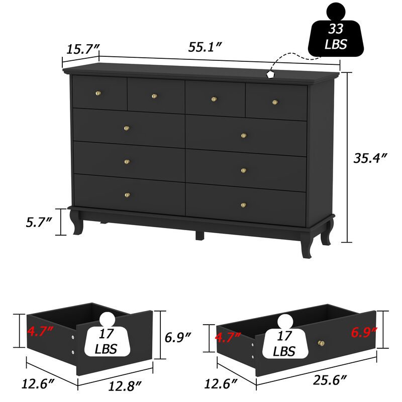 Black 10-Drawers Wood Double Chest of Drawer 55.1 in. W x 15.7 in. D x 35.4 in. H Dresser Organizer