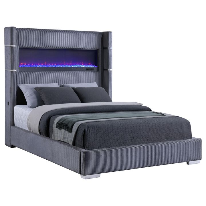 Caro Queen Bed, Wingback Panel w LED Flame, Gray Corduroy Upholstery