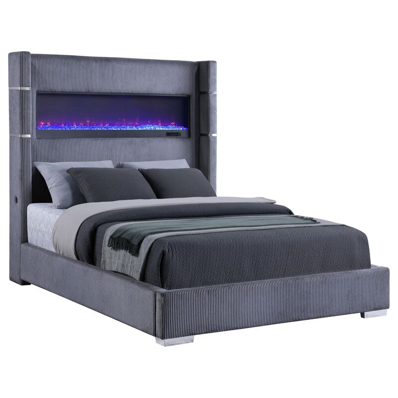 Caro Queen Bed, Wingback Panel w LED Flame, Gray Corduroy Upholstery