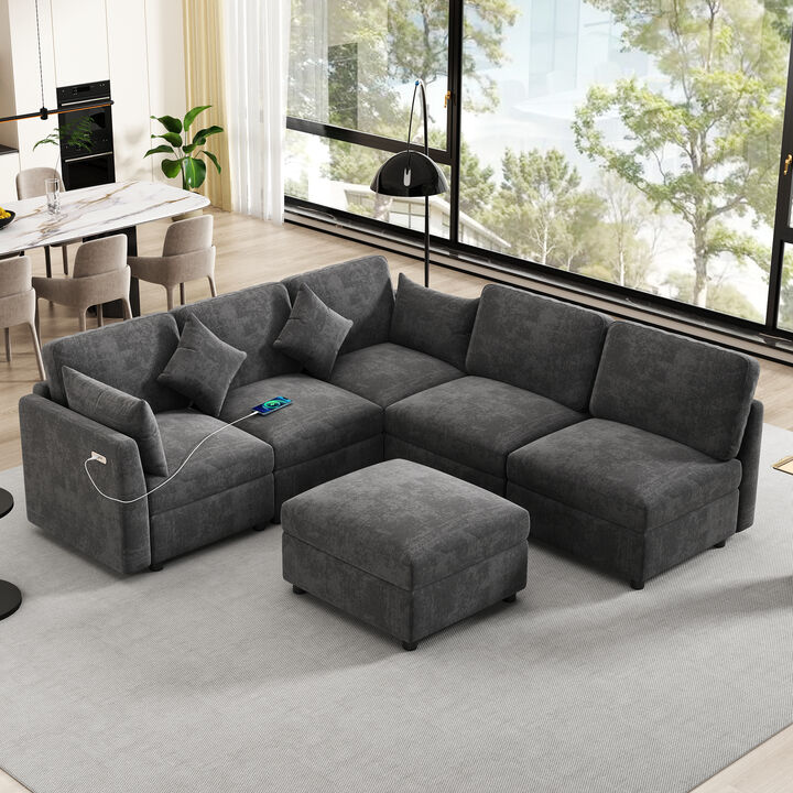 Merax Sectional Sofa Modular Sofa U-shaped Sofa Couch Sofa Bed L-shaped Sofa with a Movable Ottoman