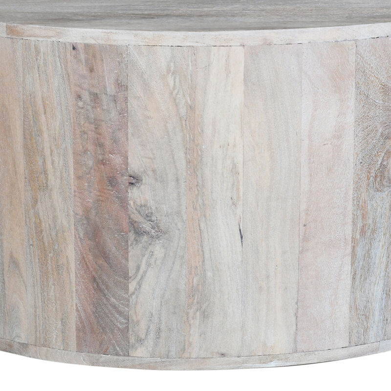 36 Inch Coffee Table, Handcrafted Drum Shape, Washed White Mango Wood