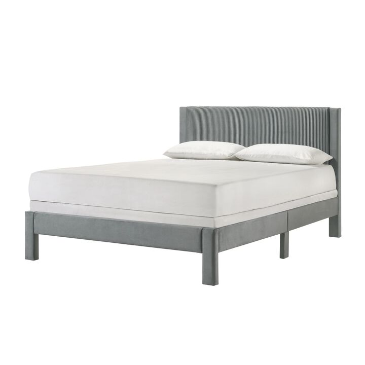 Cery Queen Size Platform Bed, Light Gray Upholstery Textured Headboard - Benzara