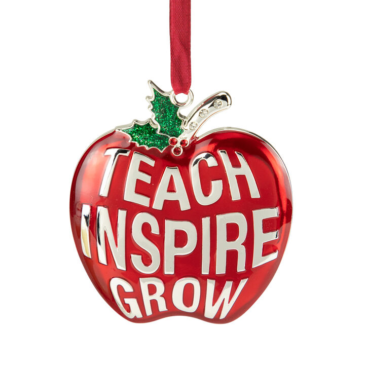 3.25" Red Silver Plated Apple Teacher Christmas Ornament with European Crystals