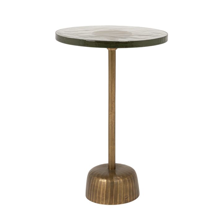 Round Accent Table, Distressed Bronze Aluminum and Clear Glass
