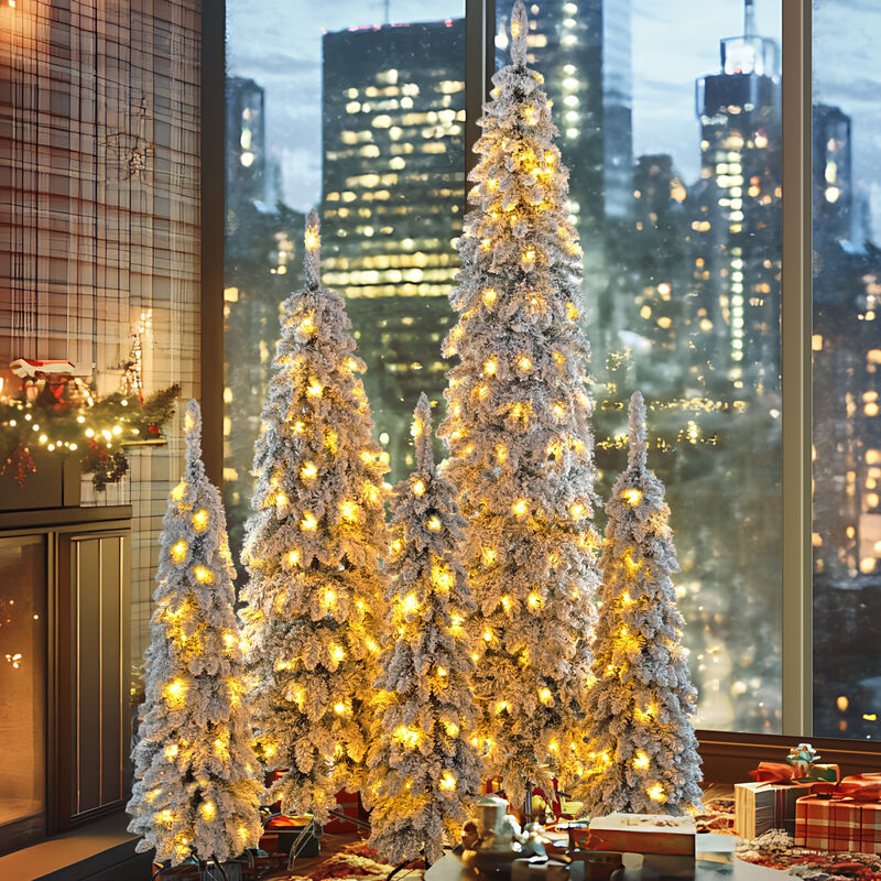 Whisen 8FT, 6FT, 4FT x 3 Pre-Lit Pencil Christmas Trees, 5-set Slim Artificial Christmas Tree With Snow Flocking, Xmas Holiday Decoration Tree, 1820 Branch Tips, 350 LED Lights image number 2
