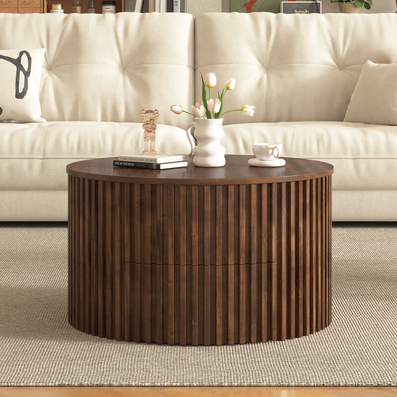 Merax Height-Adjustable Round Coffee Table with Smooth Lift Mechanism, Concealed Storage image number 1