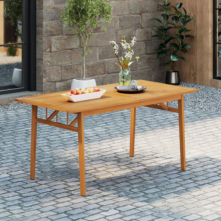 Patio Wooden Dining Table with Umbrella Hole and Stable Support Base-Natural