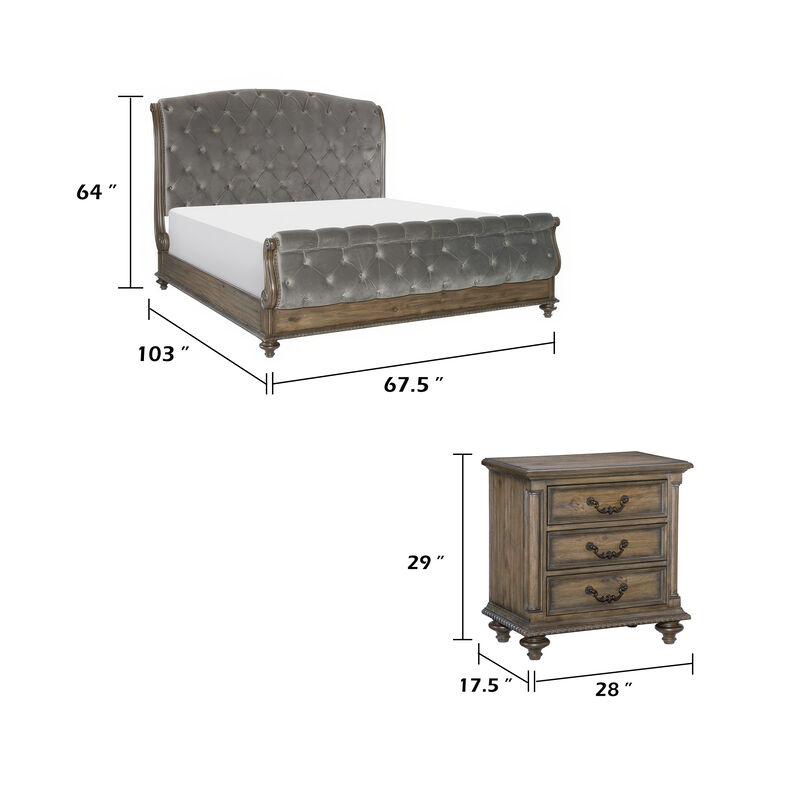 Queen Bedroom Set, Gray, Brown Wood, 2 Piece Set with Nightstand image number 7