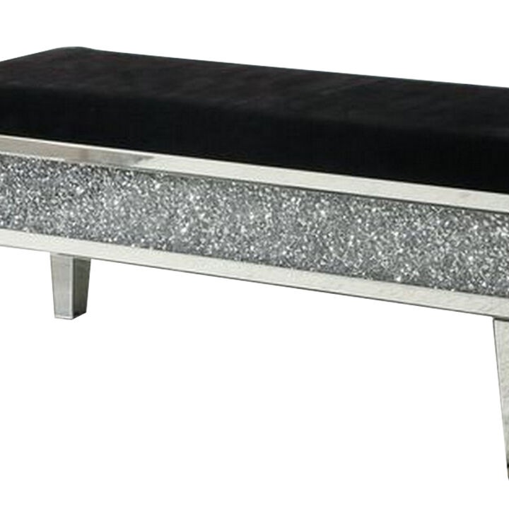 Mirrored Bench with Fabric Seat and Faux Diamonds, Silver-Benzara