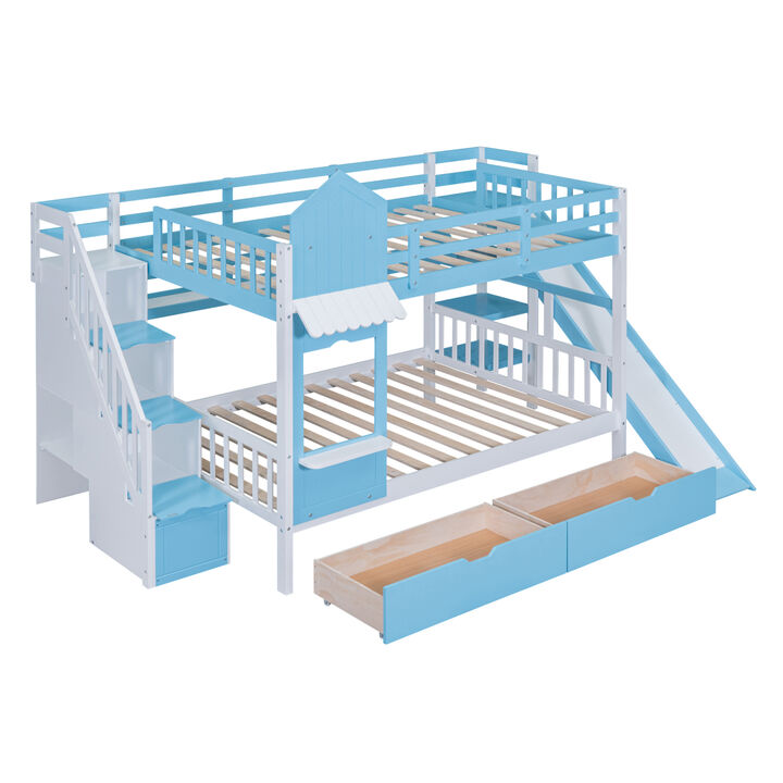 Full Over Full Castle Style Bunk Bed with 2 Drawers 3 Shelves and Slide Blue
