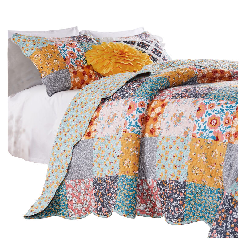 3 Piece King Quilt Set with Floral Print, Multicolor - Benzara