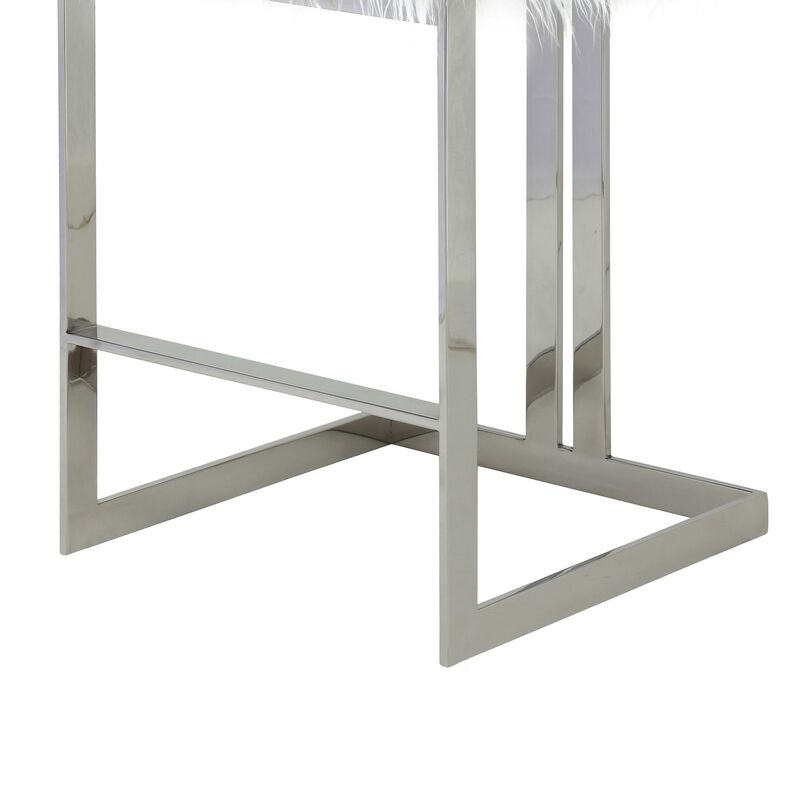 Suki 30 Inch Barstool Chair, White Faux Fur, Silver Stainless Steel Frame
