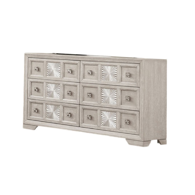 Diaz Wide Dresser, 6 Drawers, Sunburst Metal Design, Light Gray Wood - Benzara