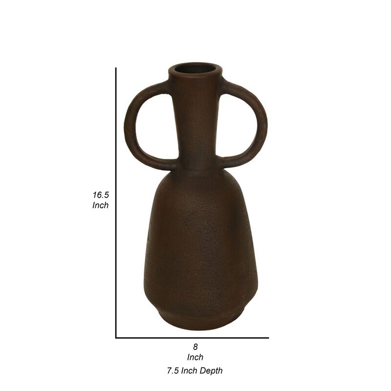 Adea Flower Vase, Antique Style Amphora Shape, Thin Neck, Brown Terracotta - Benzara